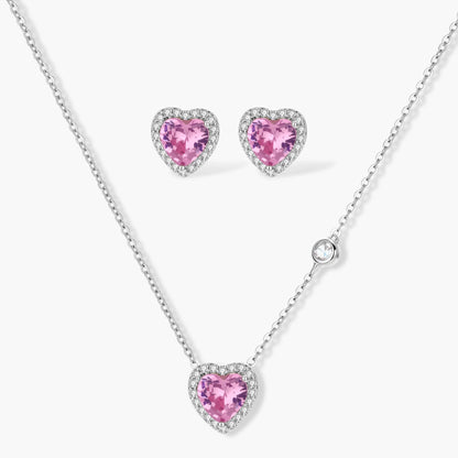 Pink heart-shaped cubic zirconia jewelry set with white gold plating featuring necklace, earrings, bracelet and ring