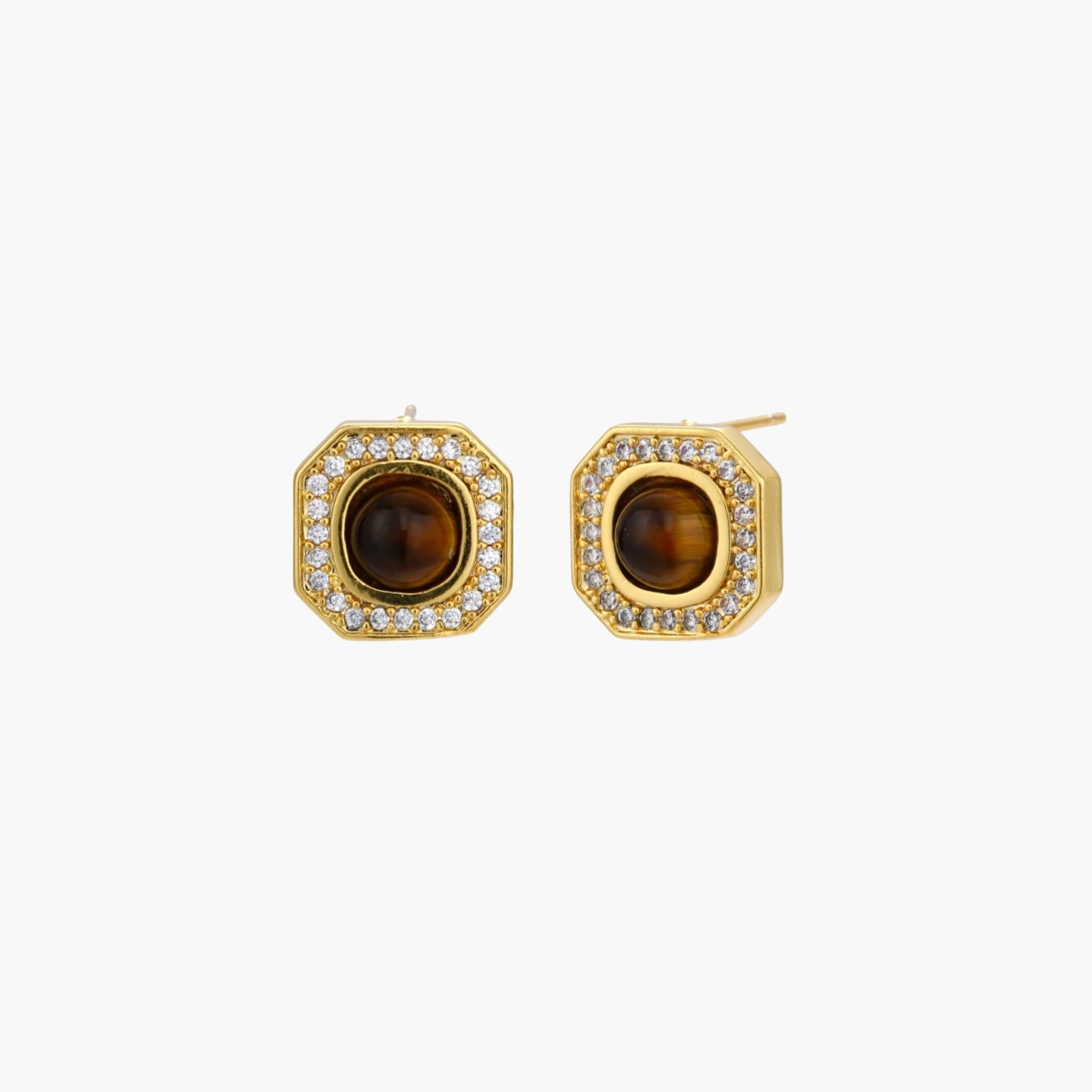 Gold-plated octagonal stud earrings with brown tiger's eye centers and cubic zirconia border on cream background.