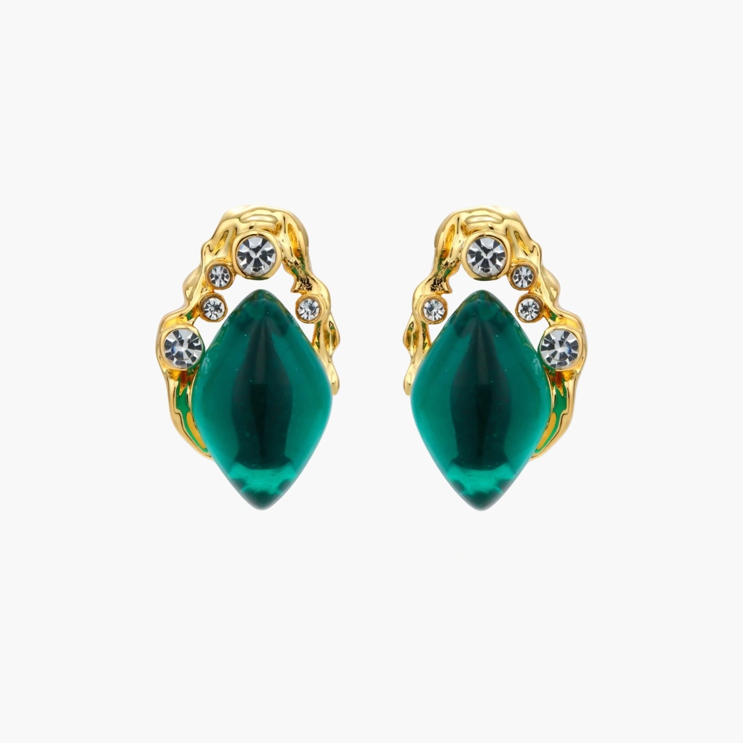 Gold-plated stud earrings featuring teardrop emerald green liuli stones with cubic zirconia crystal accents on white background.