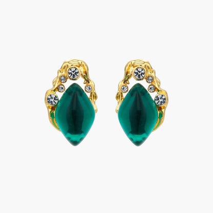 Gold-plated stud earrings featuring teardrop emerald green liuli stones with cubic zirconia crystal accents on white background.