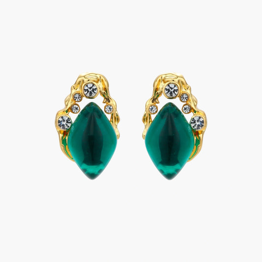 Gold-plated stud earrings featuring teardrop emerald green liuli stones with cubic zirconia crystal accents on white background.
