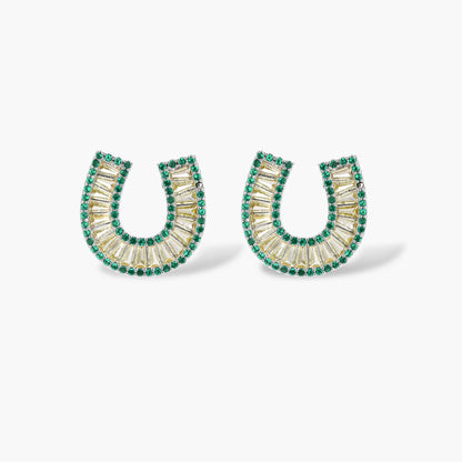 Sparkling horseshoe-shaped jewelry set with AAA cubic zirconia in gold-plated and white gold finishes on cream background.