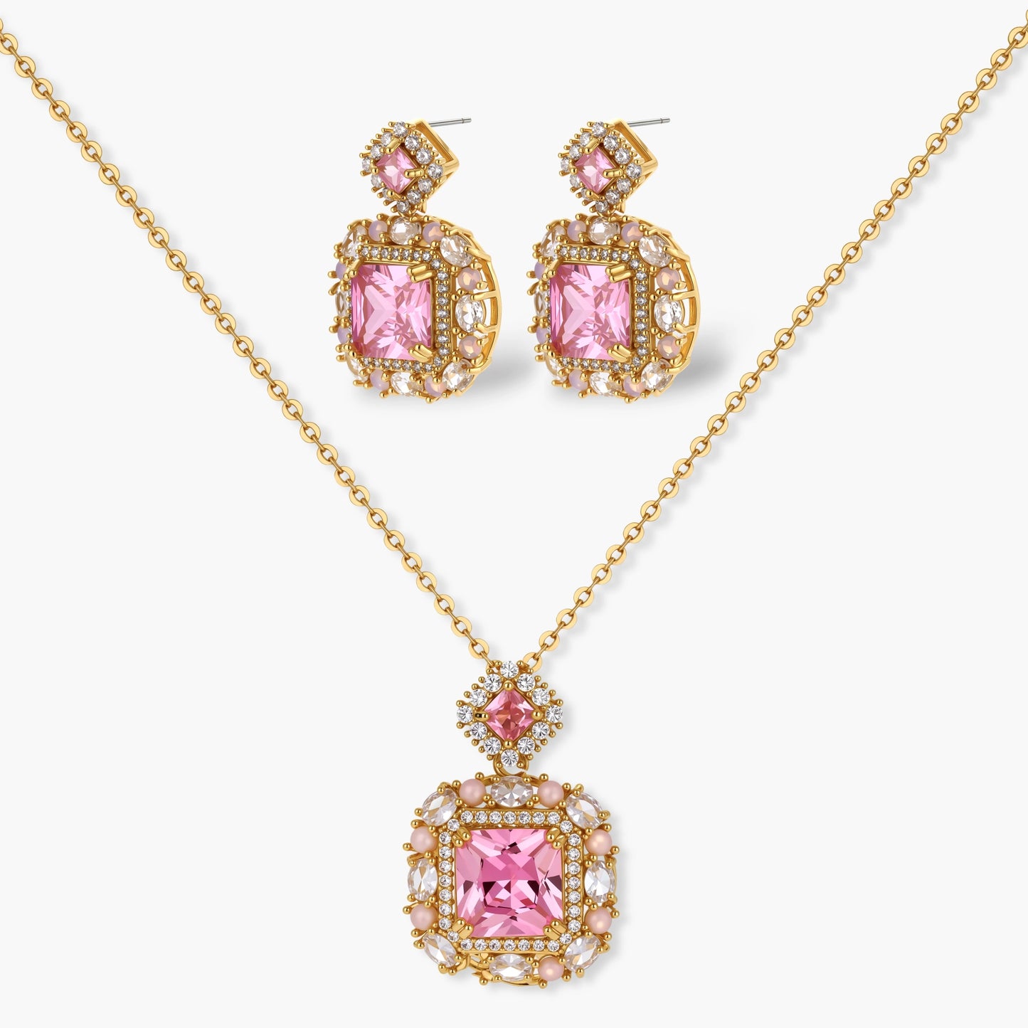 14K gold-plated jewelry set featuring square-cut cubic zirconia stones in ornate layered settings on white background.