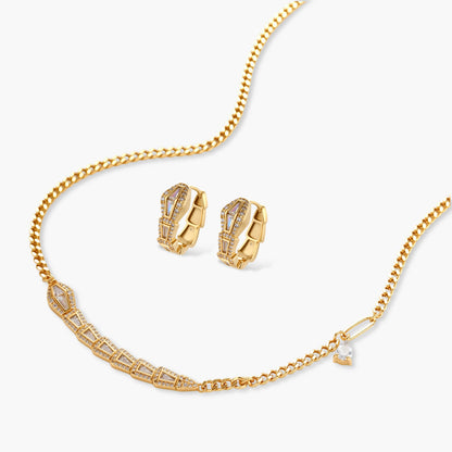 Gold-plated necklace with geometric diamond segments and matching huggie earrings featuring cubic zirconia details