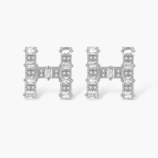 Letter H jewelry set featuring geometric crystal design in gold and white gold plated finish with adjustable chain necklace