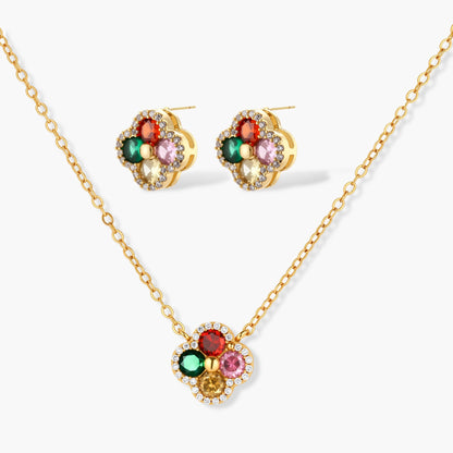 Gold-plated clover jewelry set with red, pink, green and champagne CZ stones surrounded by crystal borders