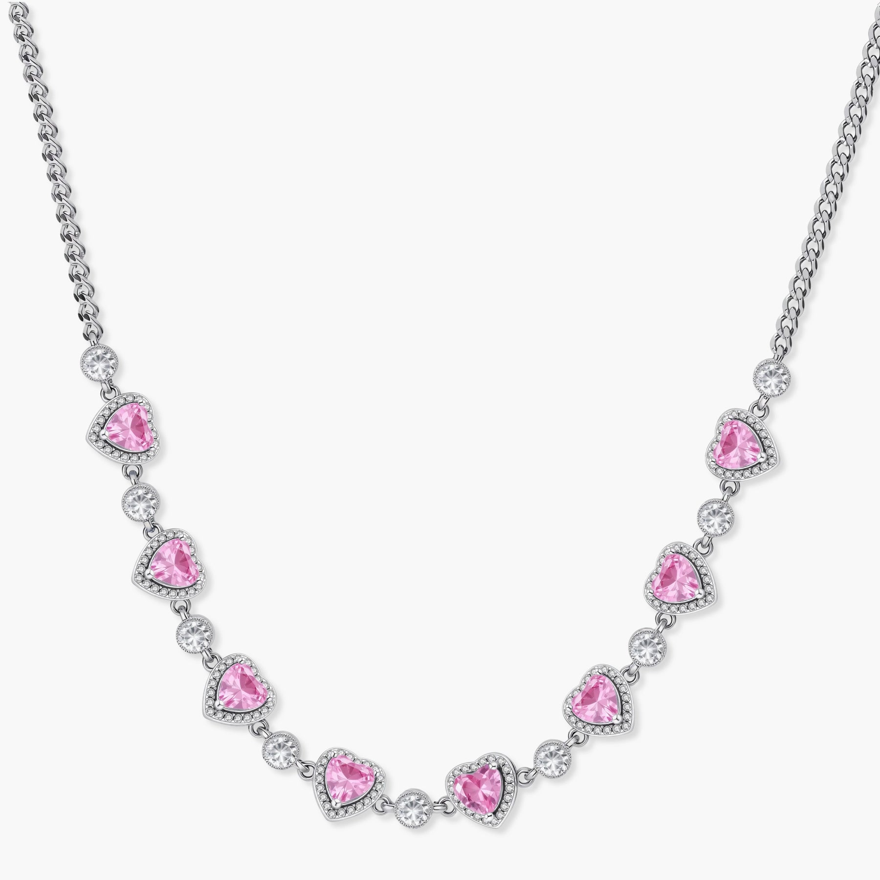 Pink heart-shaped cubic zirconia jewelry set with white gold plating featuring necklace, earrings, bracelet and ring