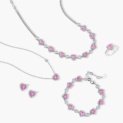 Pink heart-shaped cubic zirconia jewelry set with white gold plating featuring necklace, earrings, bracelet and ring